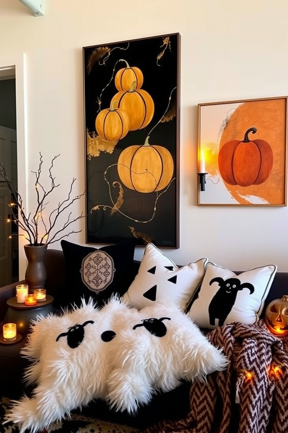 Chic Halloween-themed wall art pieces that feature elegant designs with subtle hints of spooky elements. The artwork includes abstract representations of pumpkins and ghosts in a sophisticated color palette of black, gold, and deep orange. Halloween loft decorating ideas that incorporate stylish decorations such as plush throw pillows and cozy blankets with Halloween motifs. The space is enhanced with ambient lighting from decorative candles and string lights to create a warm and inviting atmosphere.