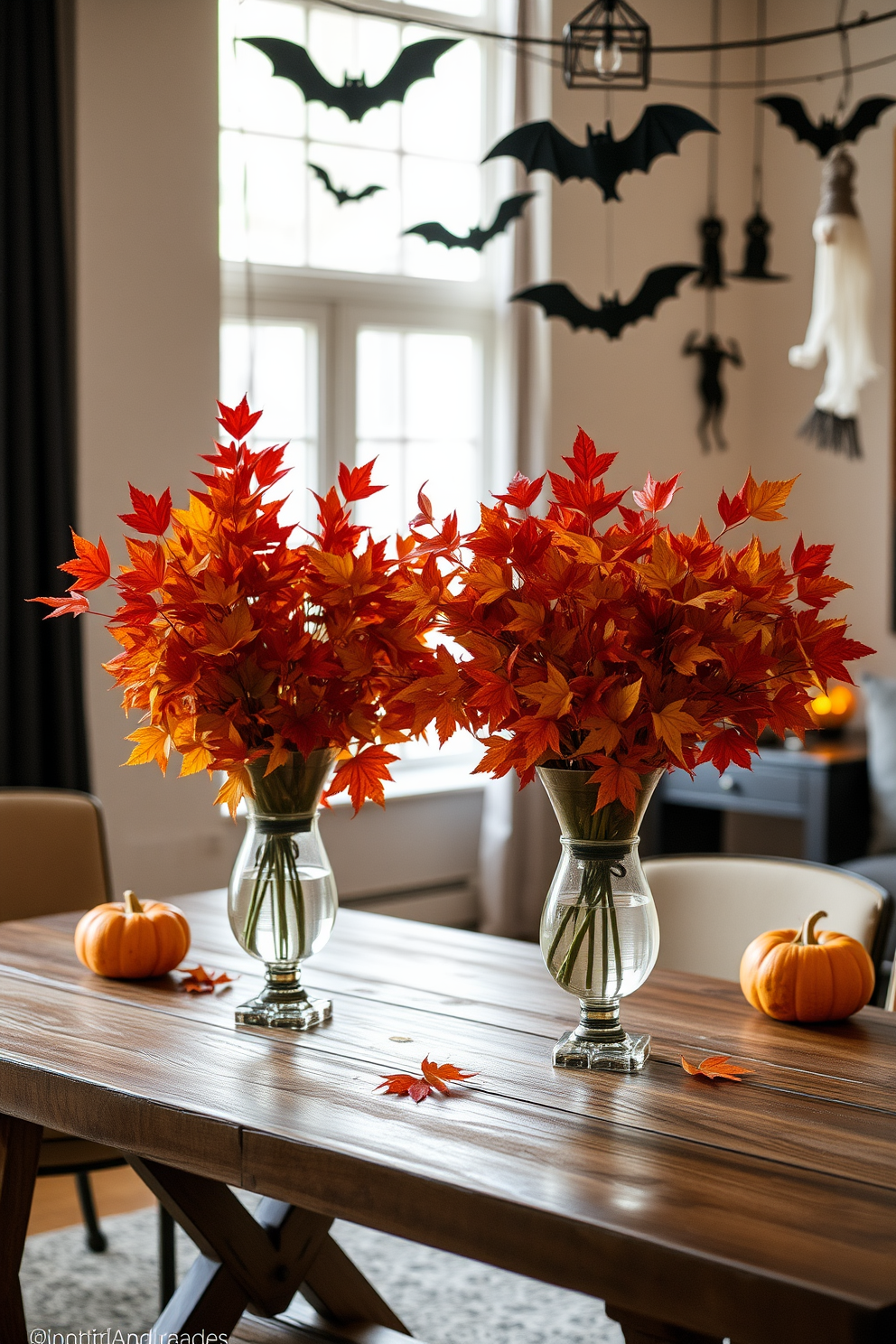 Gorgeous autumn foliage fills elegant vases placed on a rustic wooden table. The vibrant reds, oranges, and yellows of the leaves create a warm and inviting atmosphere. For Halloween loft decorating ideas, the space is adorned with whimsical decorations like hanging bats and ghostly figures. Soft, ambient lighting casts playful shadows, enhancing the festive mood while maintaining a chic aesthetic.