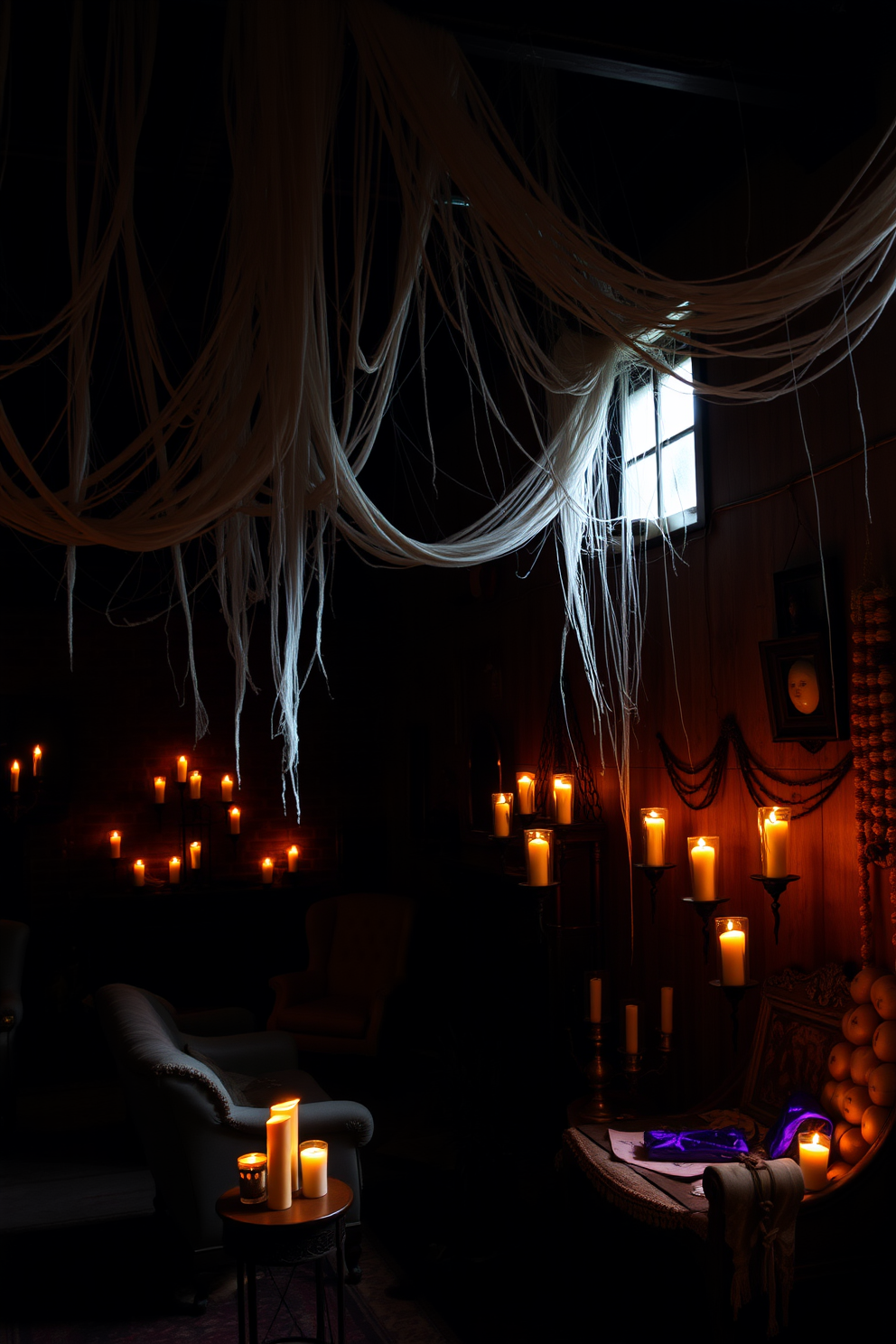 A dimly lit loft space adorned with cobwebs draping from the ceiling. Flickering candles cast shadows on the walls, creating a haunting ambiance. Vintage furniture pieces are strategically placed to enhance the eerie vibe. Dark, rich colors dominate the decor, with splashes of orange and purple for a festive touch.