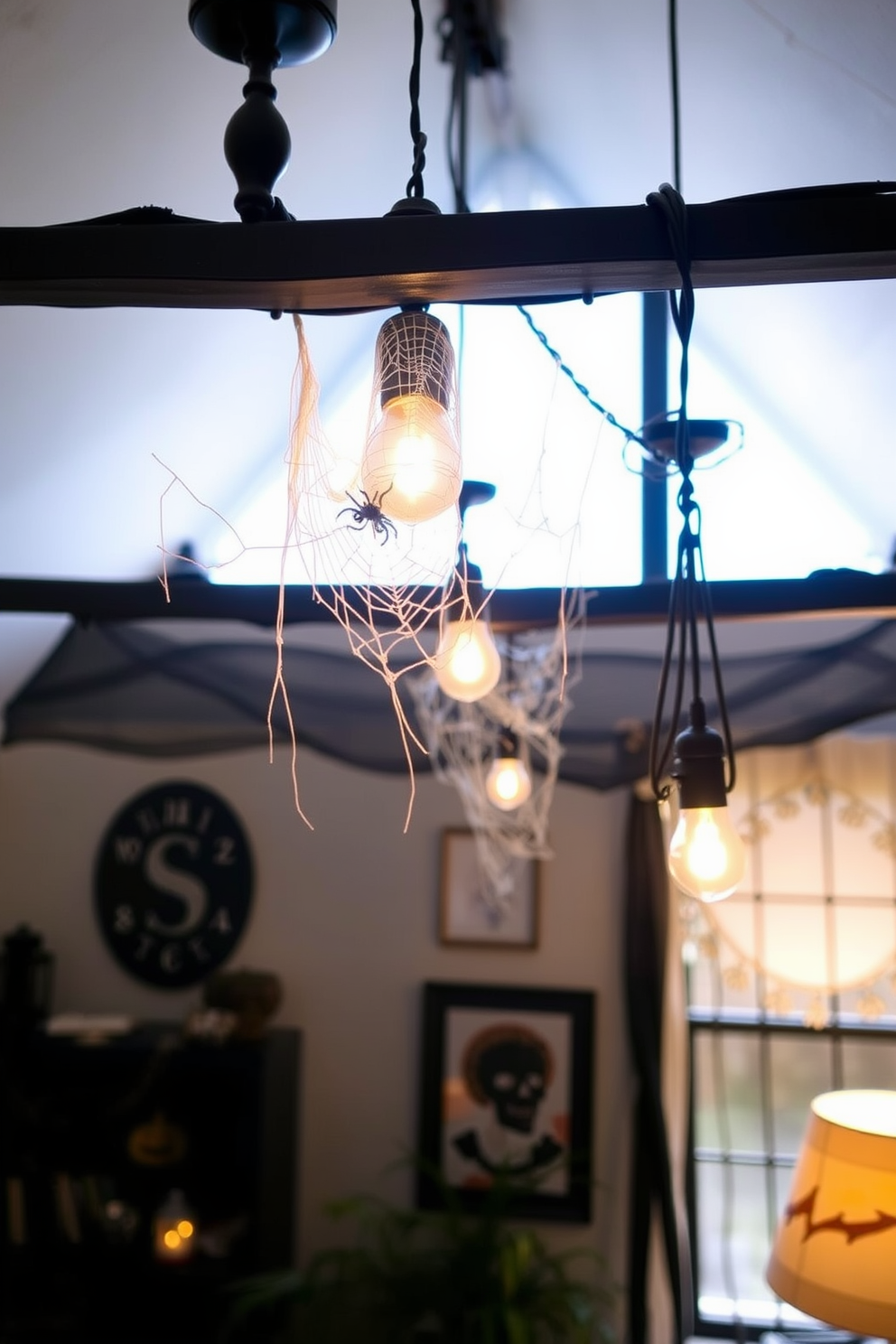 Create a cozy loft space decorated for Halloween. Light fixtures adorned with decorative spider webs cast a warm glow throughout the room.