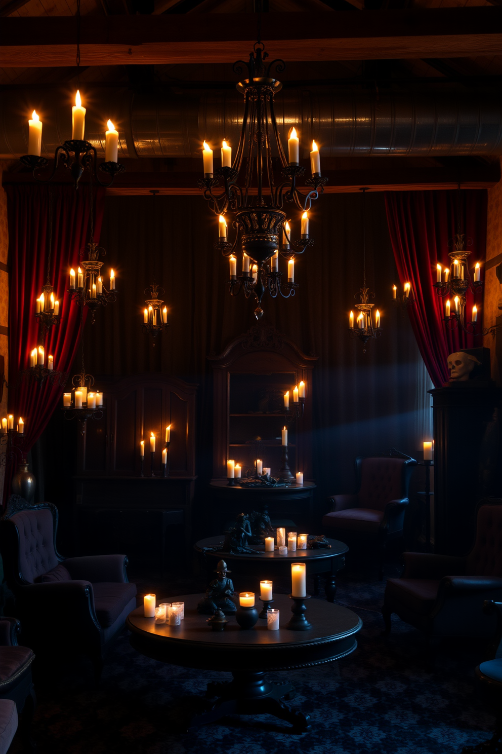 A dramatic loft space adorned with gothic candle holders casting flickering shadows across the room. The decor features dark velvet curtains and an array of vintage furniture pieces, creating an enchanting Halloween atmosphere.