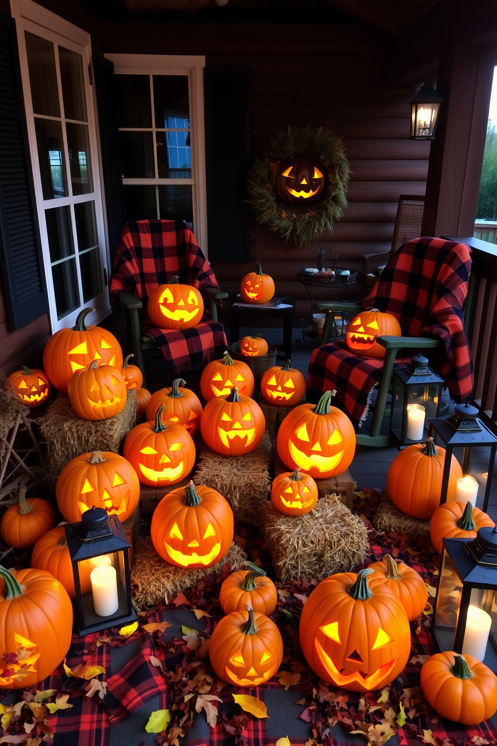 Traditional jack-o-lanterns are arranged on a rustic wooden porch, each carved with unique faces that glow warmly in the evening light. Surrounding the pumpkins are autumn leaves and small hay bales, creating a festive and inviting atmosphere for Halloween. The porch is adorned with cozy, plaid blankets draped over rocking chairs, adding a touch of comfort to the seasonal decor. Lanterns with flickering candles are placed strategically around the space, enhancing the enchanting vibe of the Halloween loft.