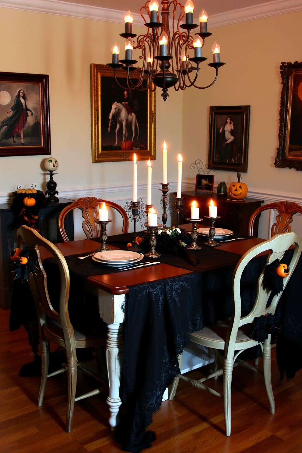 A dining table is elegantly draped with a black lace tablecloth, creating a striking contrast against the warm wood surface. Surrounding the table are mismatched vintage chairs, each adorned with seasonal decorations that embody the spirit of Halloween. Above the table, a cluster of dimly lit candles flickers softly, casting enchanting shadows across the room. The walls are adorned with tasteful Halloween-themed artwork, incorporating subtle hints of orange and purple for a festive yet sophisticated atmosphere.