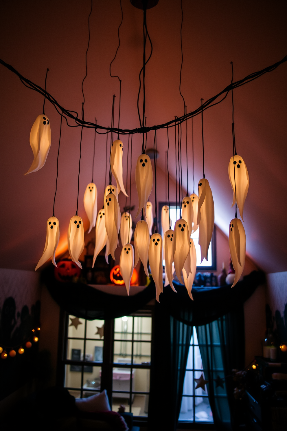 A cozy loft decorated for Halloween features hanging ghost decorations that sway gently from the ceiling. The space is illuminated by soft, warm lighting, creating an inviting yet spooky atmosphere.