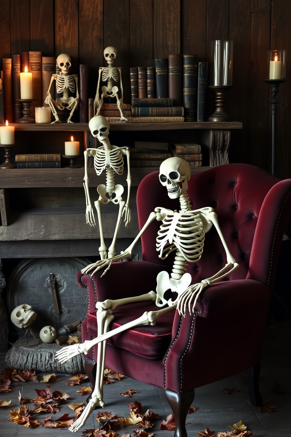 Vintage skeletons are artfully positioned on a rustic wooden shelf adorned with antique books and candles. A playful skeleton lounges in a velvet armchair, surrounded by autumn leaves and subtle, moody lighting.