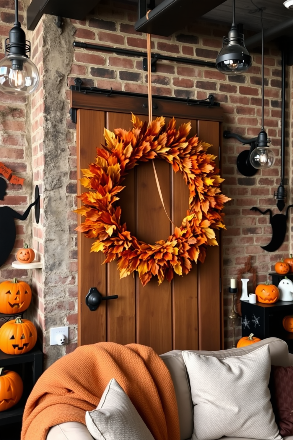 A cozy loft space adorned with an autumn wreath made of dried leaves, showcasing warm hues of orange, brown, and gold. The wreath is hung on a rustic wooden door, complementing the exposed brick walls and industrial-style lighting fixtures. Scattered throughout the loft are Halloween-themed decorations, including carved pumpkins and ghostly silhouettes. Soft throw blankets in earthy tones drape over a plush sofa, inviting relaxation in this festive setting.