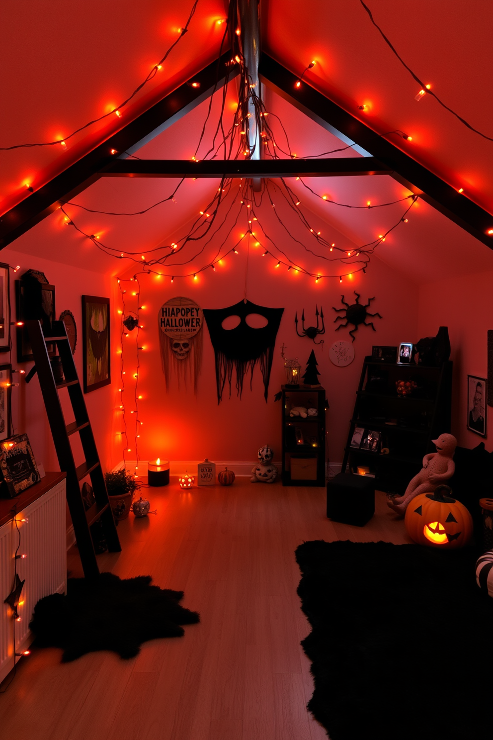 A cozy loft space adorned with orange and black string lights creating a festive Halloween ambiance. The walls are decorated with spooky artwork and the floor is covered with a plush black rug, enhancing the seasonal theme.