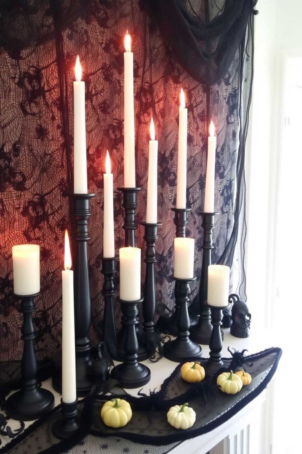 Spooky candle arrangements with black candlesticks create an eerie yet elegant Halloween ambiance. The mantel is adorned with a mix of tall and short black candlesticks, each holding flickering candles of varying heights for a dramatic effect. Draped in dark lace or spiderweb fabric, the background enhances the spooky theme. Accents of miniature pumpkins and eerie decorative elements complete the hauntingly beautiful display.