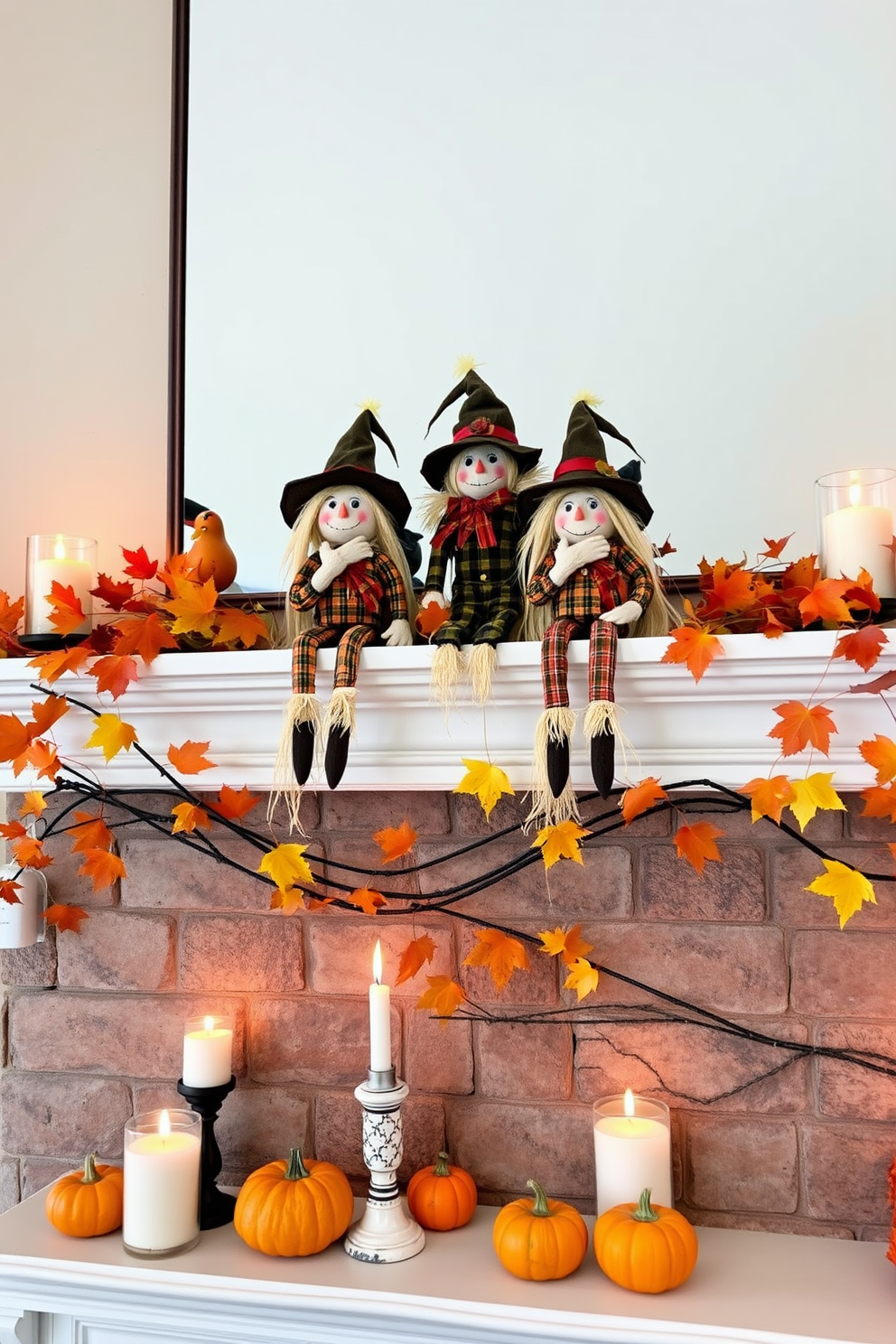 Charming scarecrows are playfully perched on the edge of a beautifully decorated Halloween mantel. The mantel is adorned with vibrant autumn leaves, miniature pumpkins, and flickering candle holders that create a warm, inviting atmosphere.