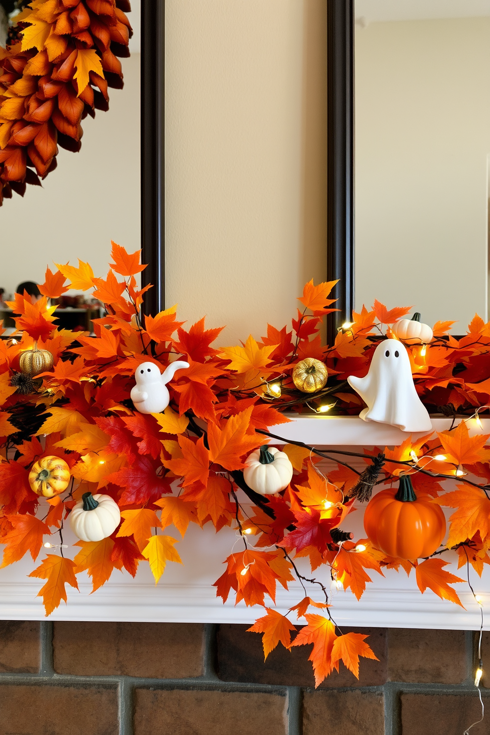 A warm and inviting mantel adorned with vibrant fall foliage in shades of orange, red, and yellow. Scattered among the leaves are whimsical Halloween decorations like miniature pumpkins, ghost figurines, and twinkling fairy lights.