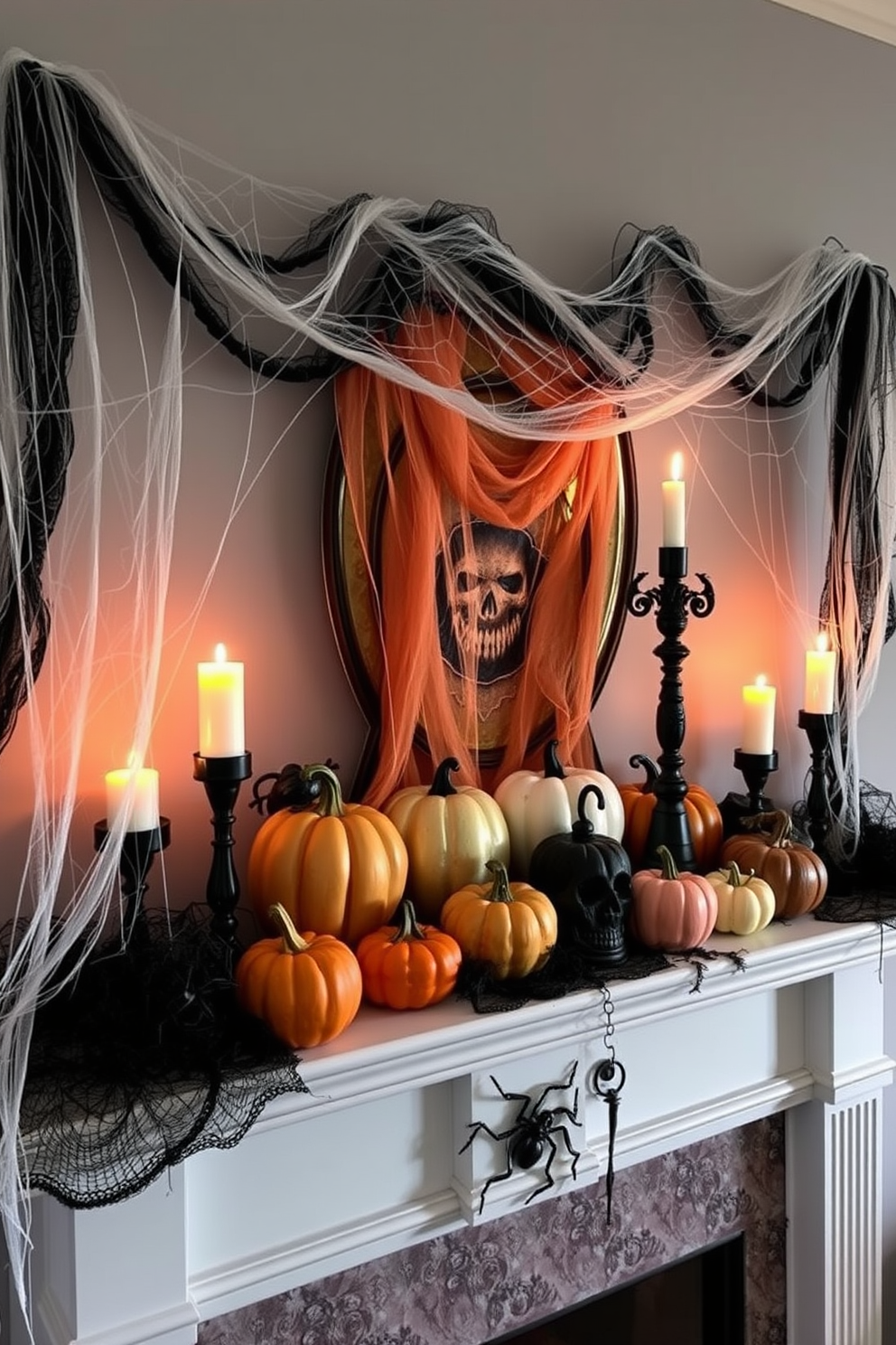 A spooky Halloween mantel adorned with delicate spider webs cascading down the sides. The mantel features an assortment of decorative pumpkins in various sizes and colors, complemented by flickering candlelight for an eerie ambiance.