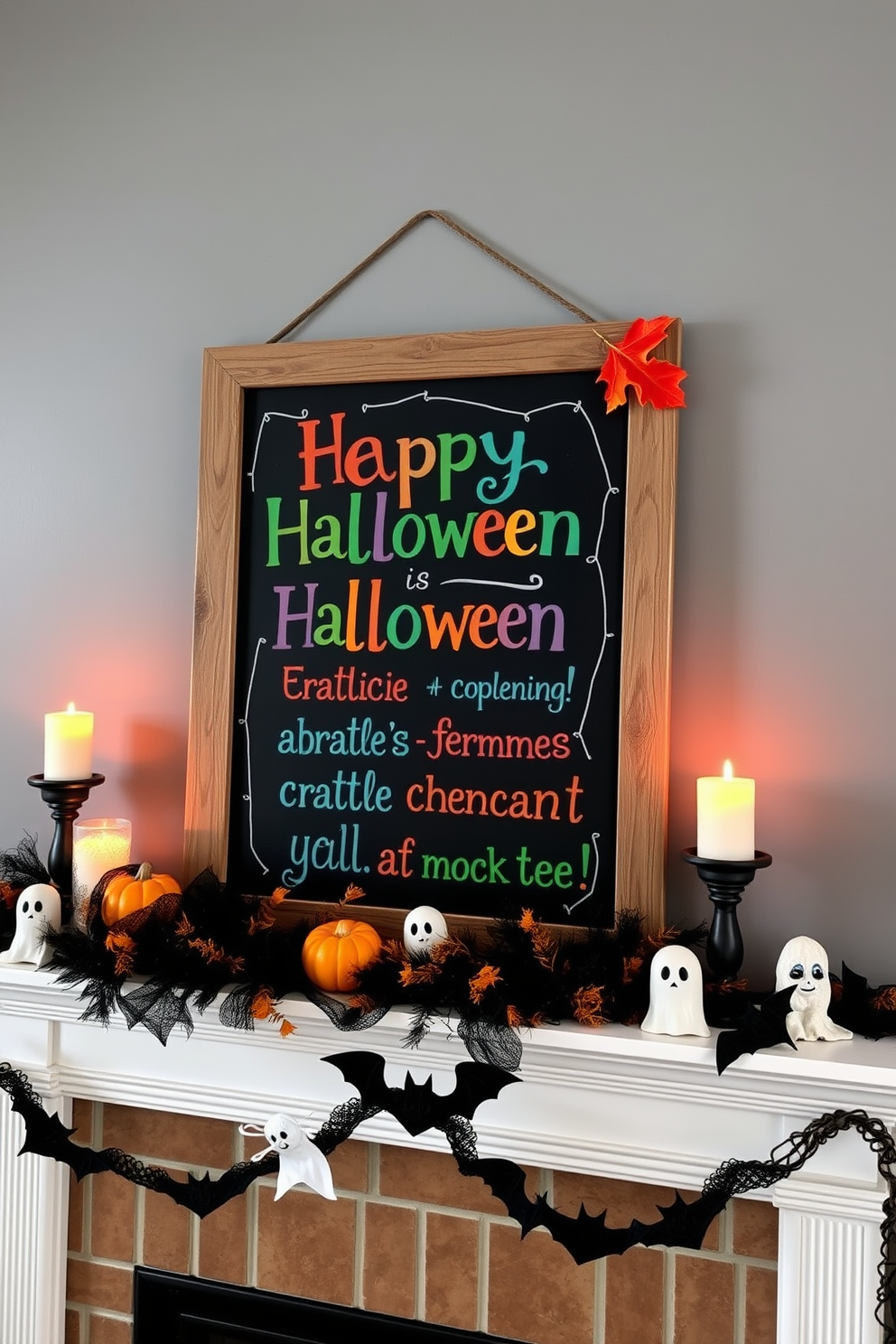 A charming chalkboard sign displays festive Halloween messages in playful, colorful lettering. The sign is framed with rustic wood and adorned with small decorative pumpkins and autumn leaves. The mantel is beautifully decorated with a mix of spooky and whimsical elements. There are black and orange garlands, flickering candle holders, and a collection of ceramic ghosts and bats.