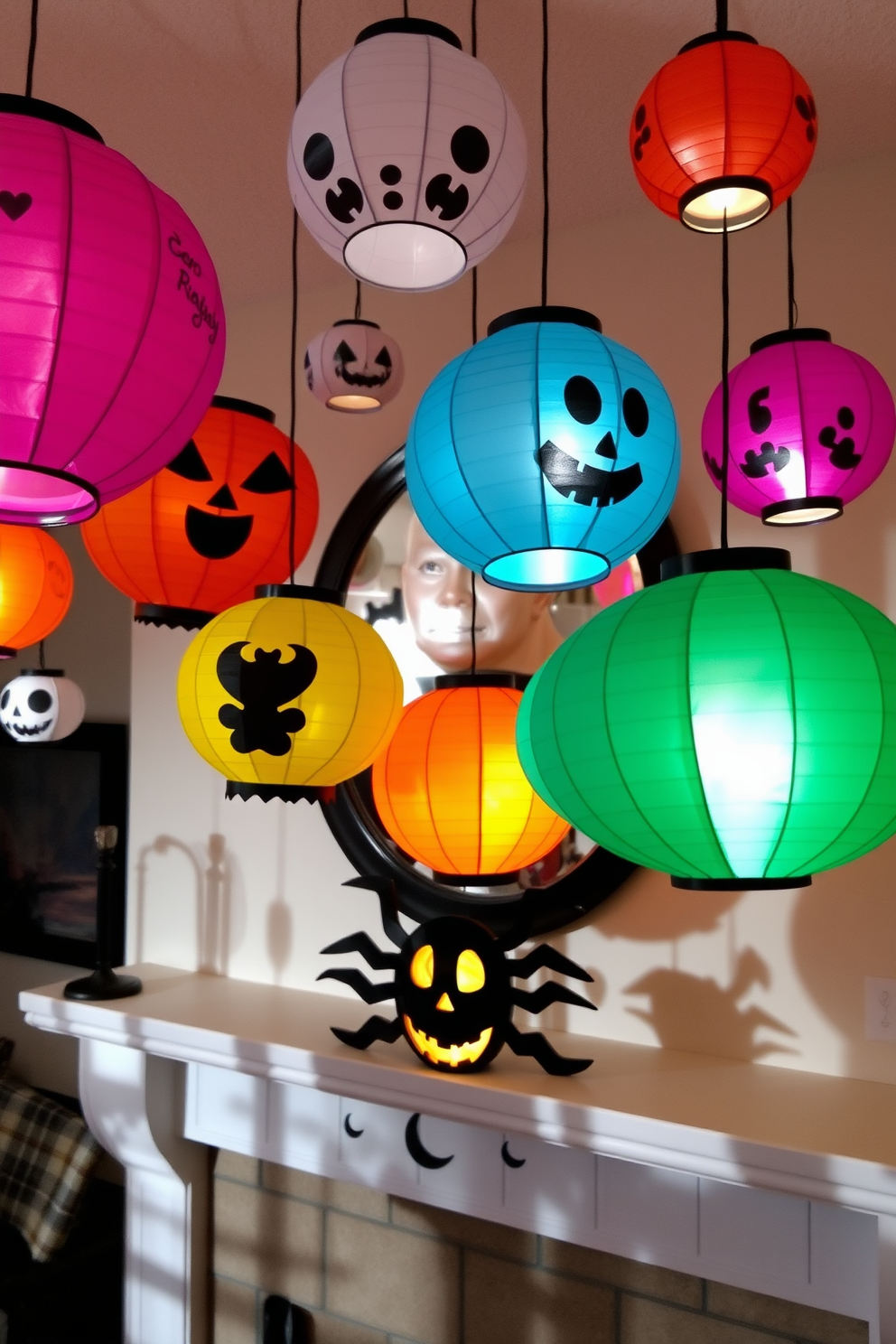 Colorful paper lanterns hang cheerfully from the mantel, creating a whimsical atmosphere for Halloween. The lanterns are adorned with various spooky designs, casting playful shadows across the room.