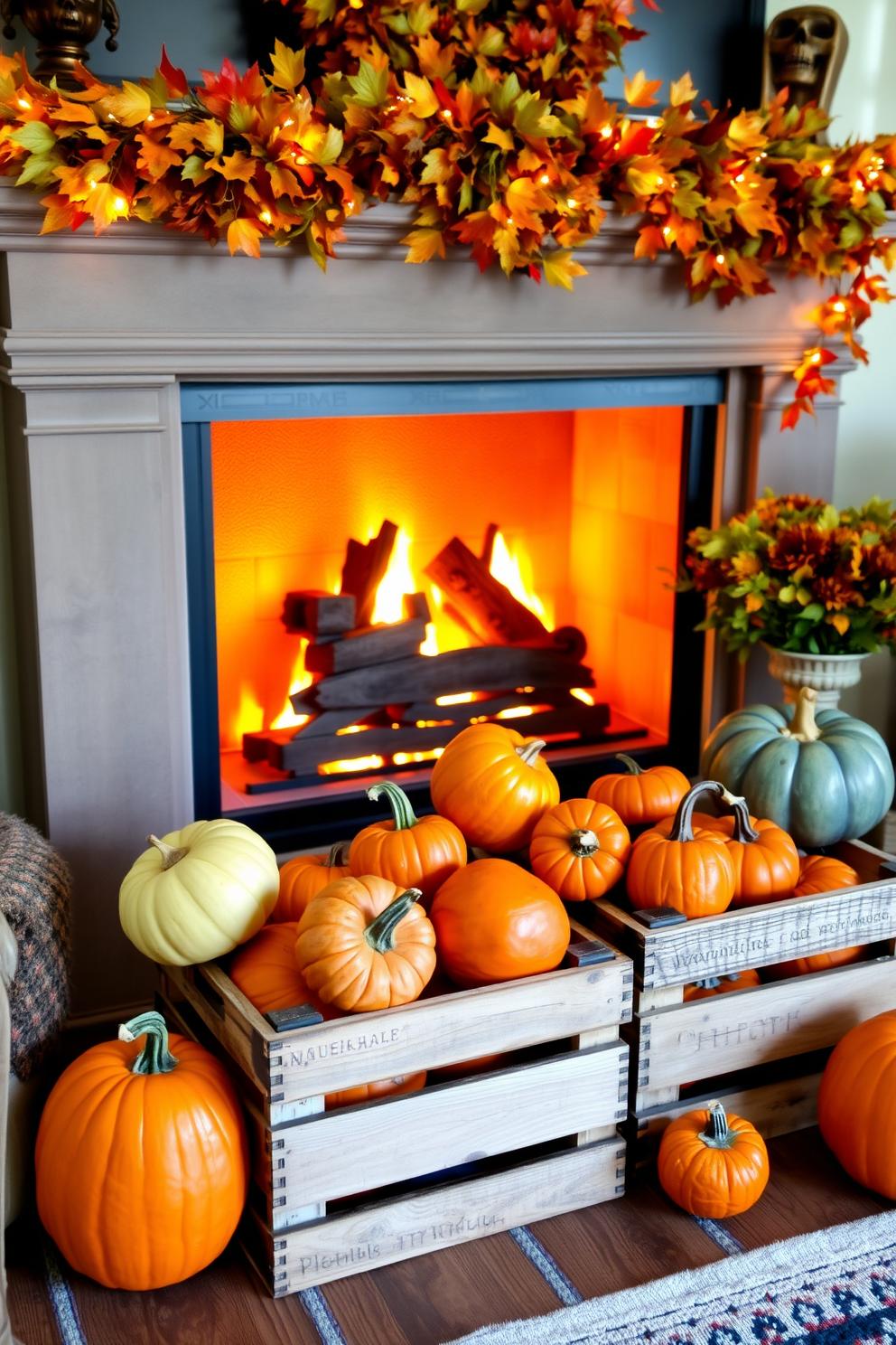 A cozy Halloween mantel decorated with rustic wooden crates overflowing with vibrant pumpkins in various sizes. The backdrop features a warm, inviting fireplace adorned with autumn leaves and twinkling fairy lights, creating a festive atmosphere.