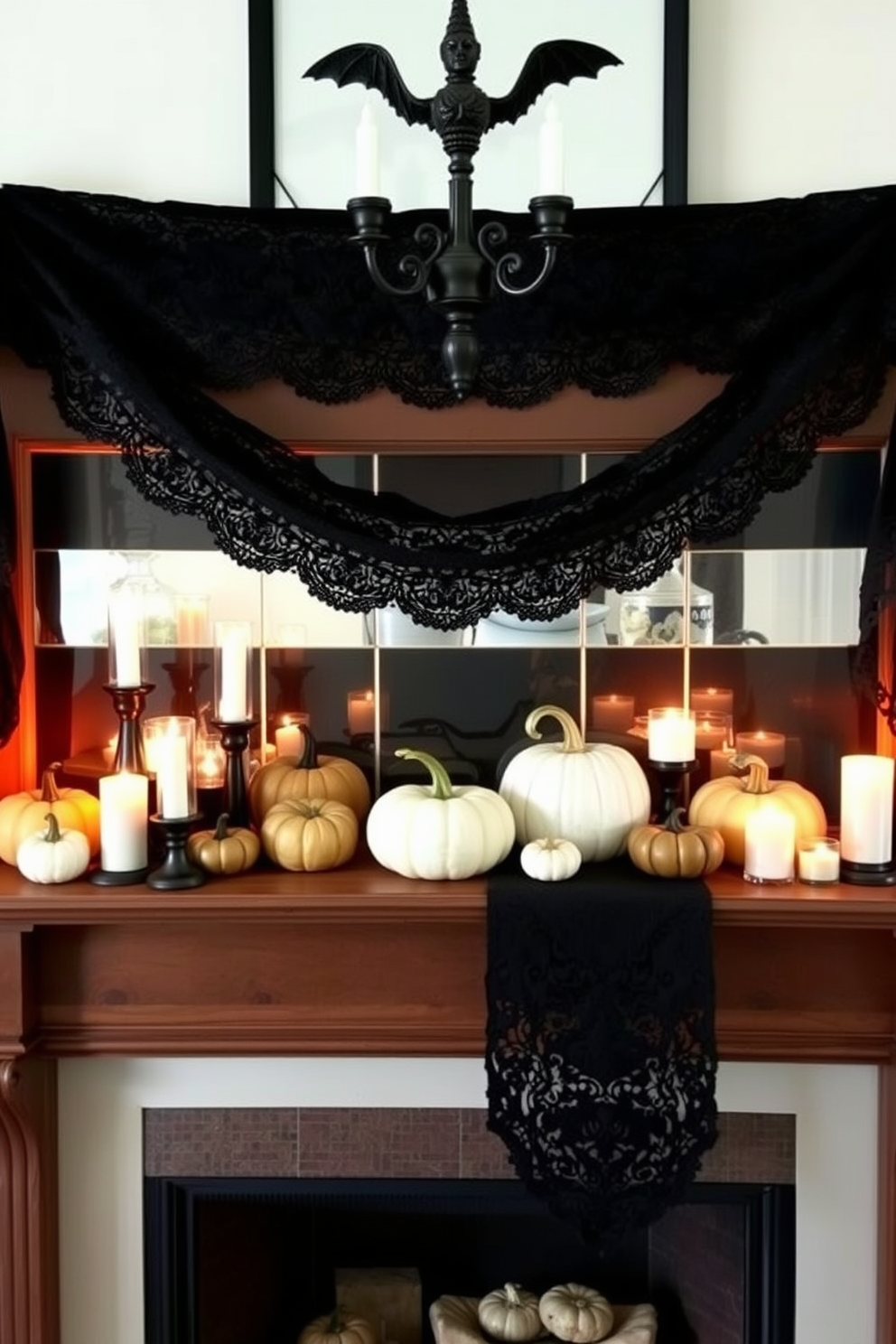 A stylish Halloween mantel adorned with black lace table runners creates an elegant atmosphere. The runners drape gracefully over the mantel, complemented by an array of decorative pumpkins and flickering candles.