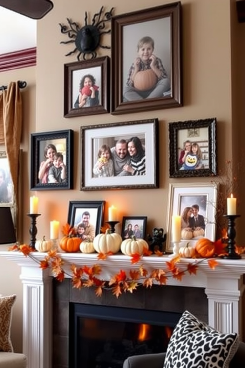 A cozy living room adorned with Halloween-themed picture frames showcasing family photos. The mantel is decorated with an array of pumpkins, flickering candles, and autumn leaves, creating a festive atmosphere.