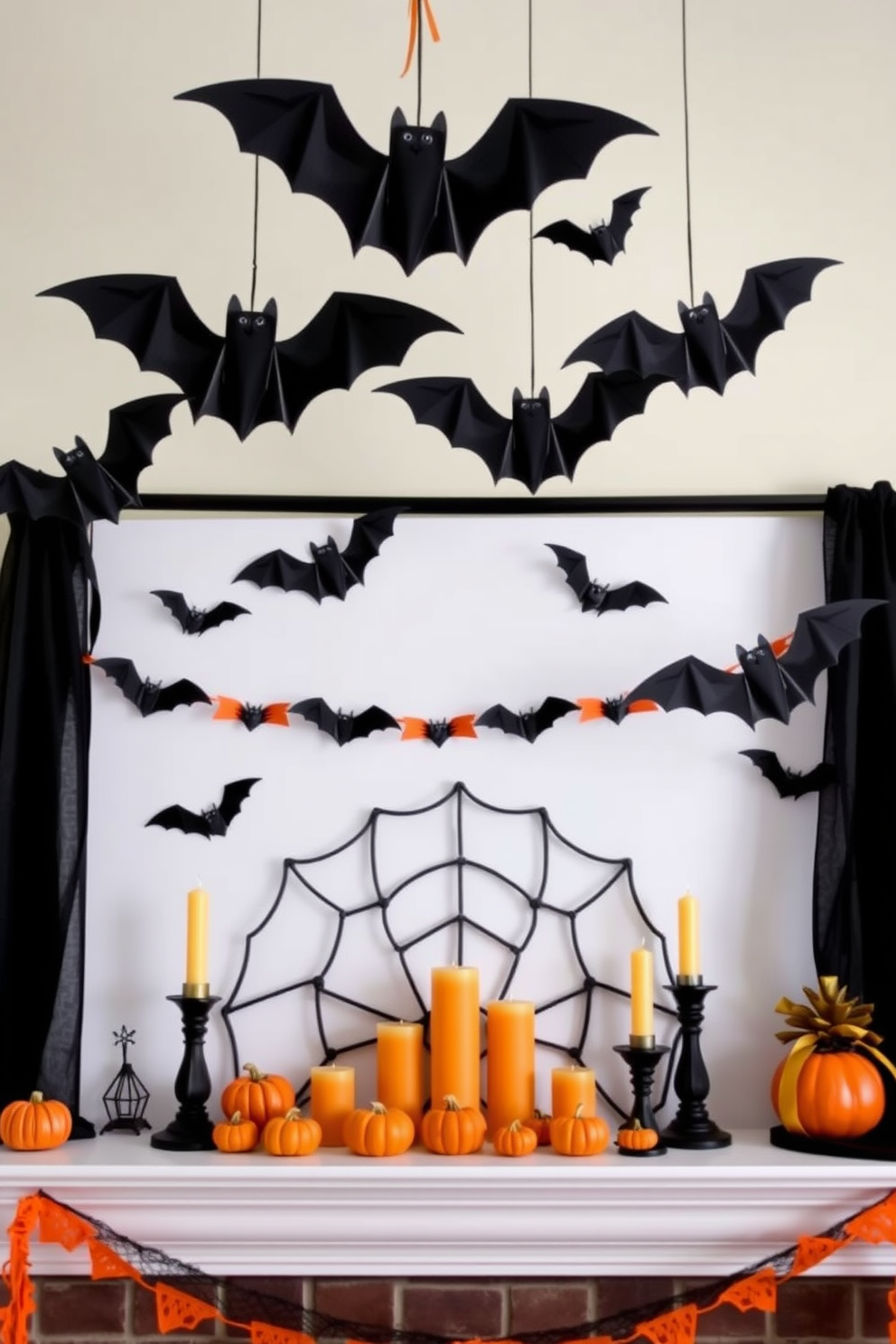 A festive Halloween mantel adorned with hanging paper bats of various sizes. The mantel is decorated with orange and black accents, featuring a mix of candles and small pumpkins to enhance the spooky atmosphere.