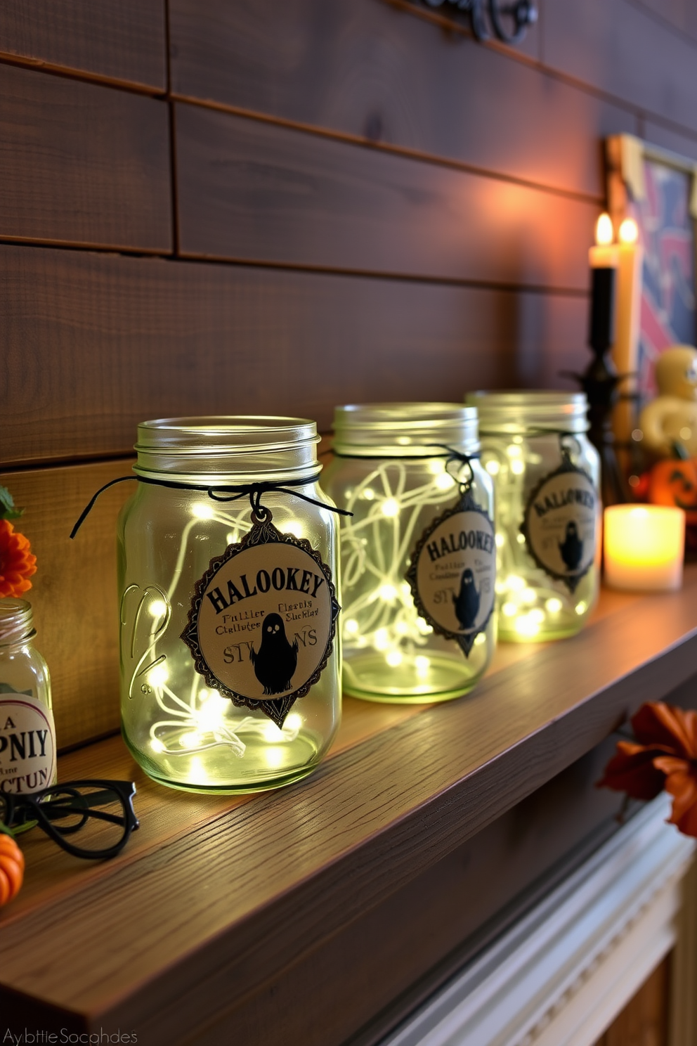 Mason jars filled with eerie lights sit on a rustic mantel, each jar adorned with spooky labels that evoke a sense of Halloween charm. The backdrop features a dark wood finish, complemented by flickering candlelight and autumn-themed decorations.