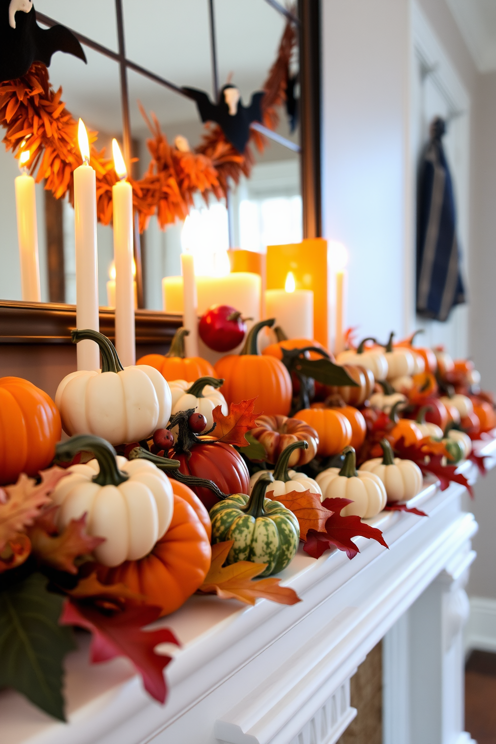 A festive Halloween mantel adorned with mini pumpkins in various sizes and colors. The arrangement features a mix of orange, white, and green pumpkins, artfully placed alongside flickering candles and autumn leaves for a warm seasonal touch.