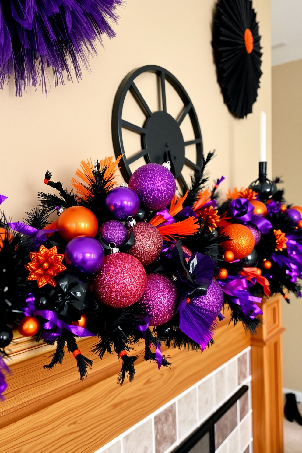 A festive mantel adorned with glittering ornaments in vibrant Halloween colors. The display features a mix of purple, orange, and black decorations, creating a striking contrast against the warm wooden mantel.