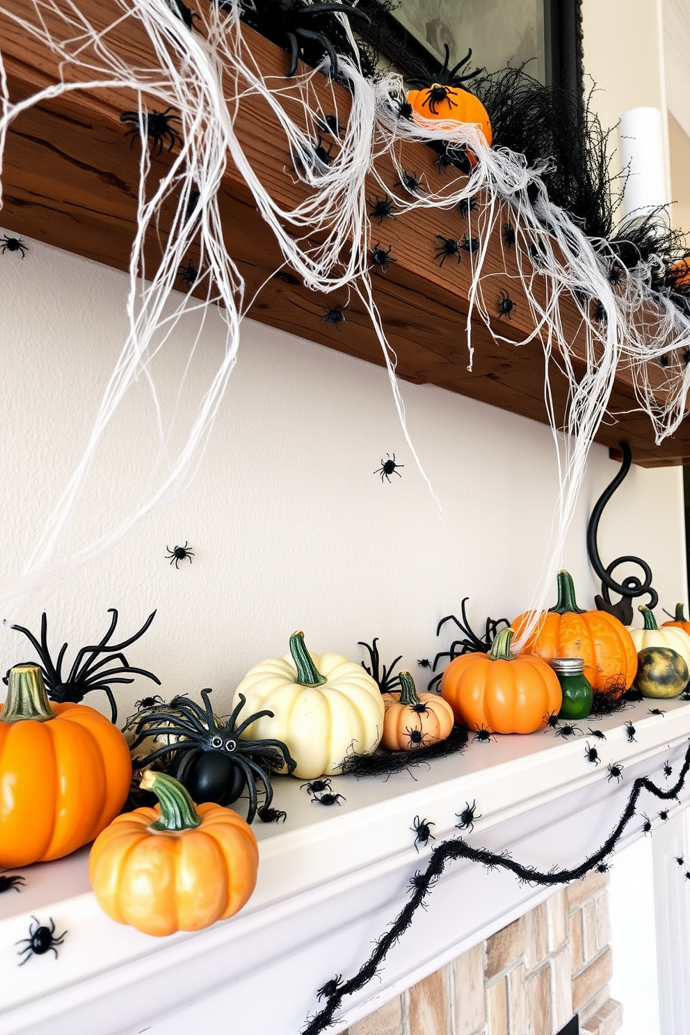 A whimsical Halloween mantel decorated with creepy crawly toys scattered throughout. The mantel features a rustic wooden beam adorned with cobwebs and small plastic spiders, while pumpkins of various sizes sit alongside the toys, adding a festive touch.