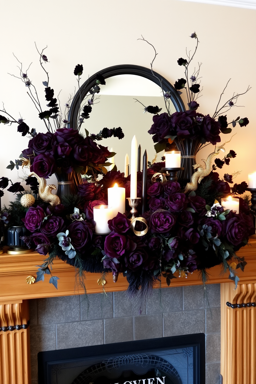 A striking mantel adorned with an array of floral arrangements featuring dark blooms. The deep purples and blacks of the flowers contrast beautifully with the warm, rustic wood of the mantel. Candles in varied heights are placed among the flowers, casting a soft glow that enhances the Halloween ambiance. Accents of gold and silver in the decor add an elegant touch to the spooky theme.