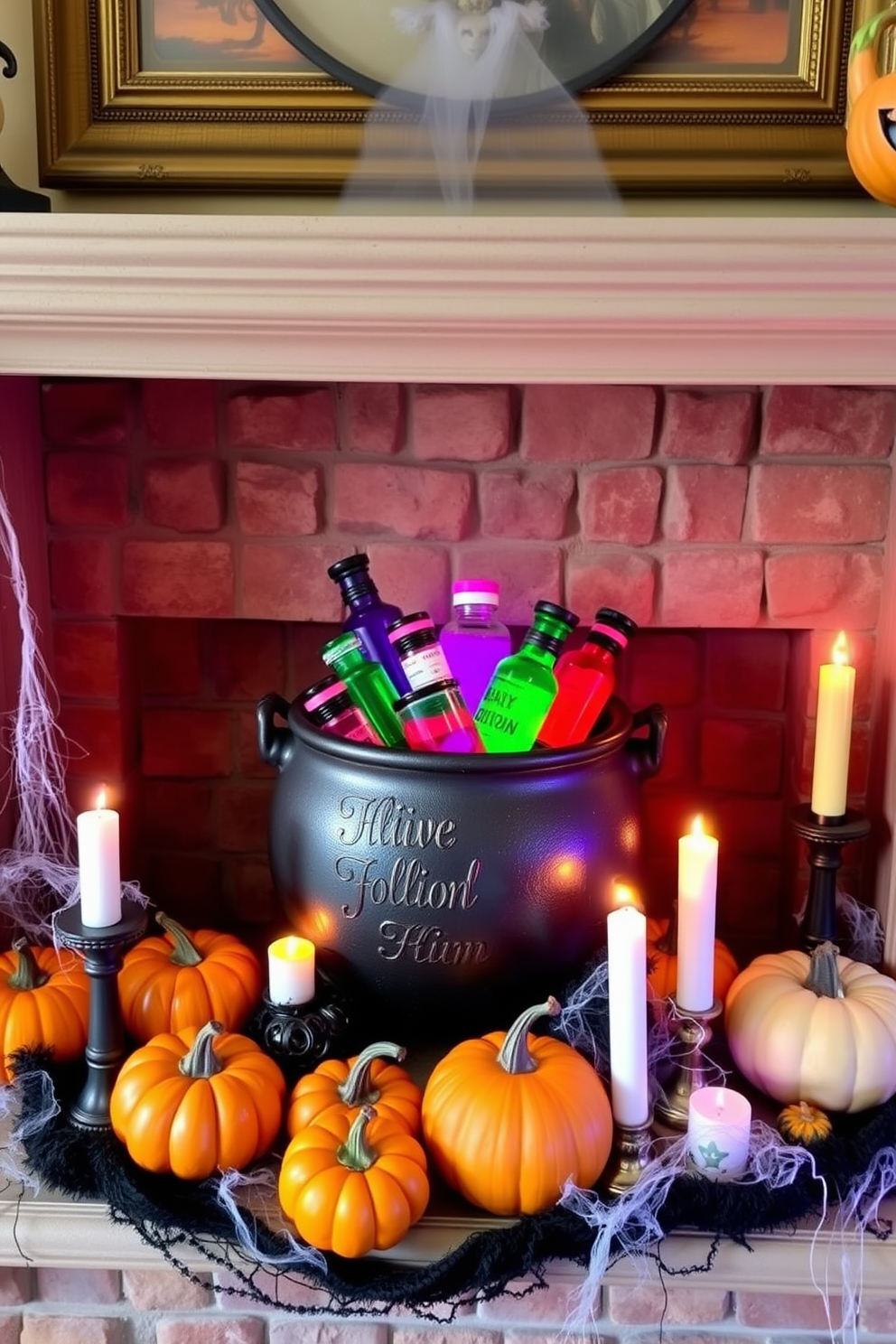 A cozy Halloween mantel adorned with a cauldron filled with faux potions in vibrant colors. Surrounding the cauldron are decorative pumpkins, flickering candles, and spooky cobwebs for a festive touch.