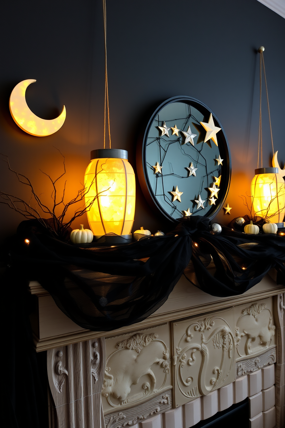 Create an enchanting Halloween mantel adorned with moon and star decorations. Softly glowing lanterns shaped like crescent moons and twinkling stars hang above a rustic wooden mantel, casting a warm, mystical light. Layer black and gold fabrics along the mantel for a dramatic effect. Add delicate silver accents and small pumpkins to enhance the magical atmosphere, creating a perfect blend of elegance and spookiness.