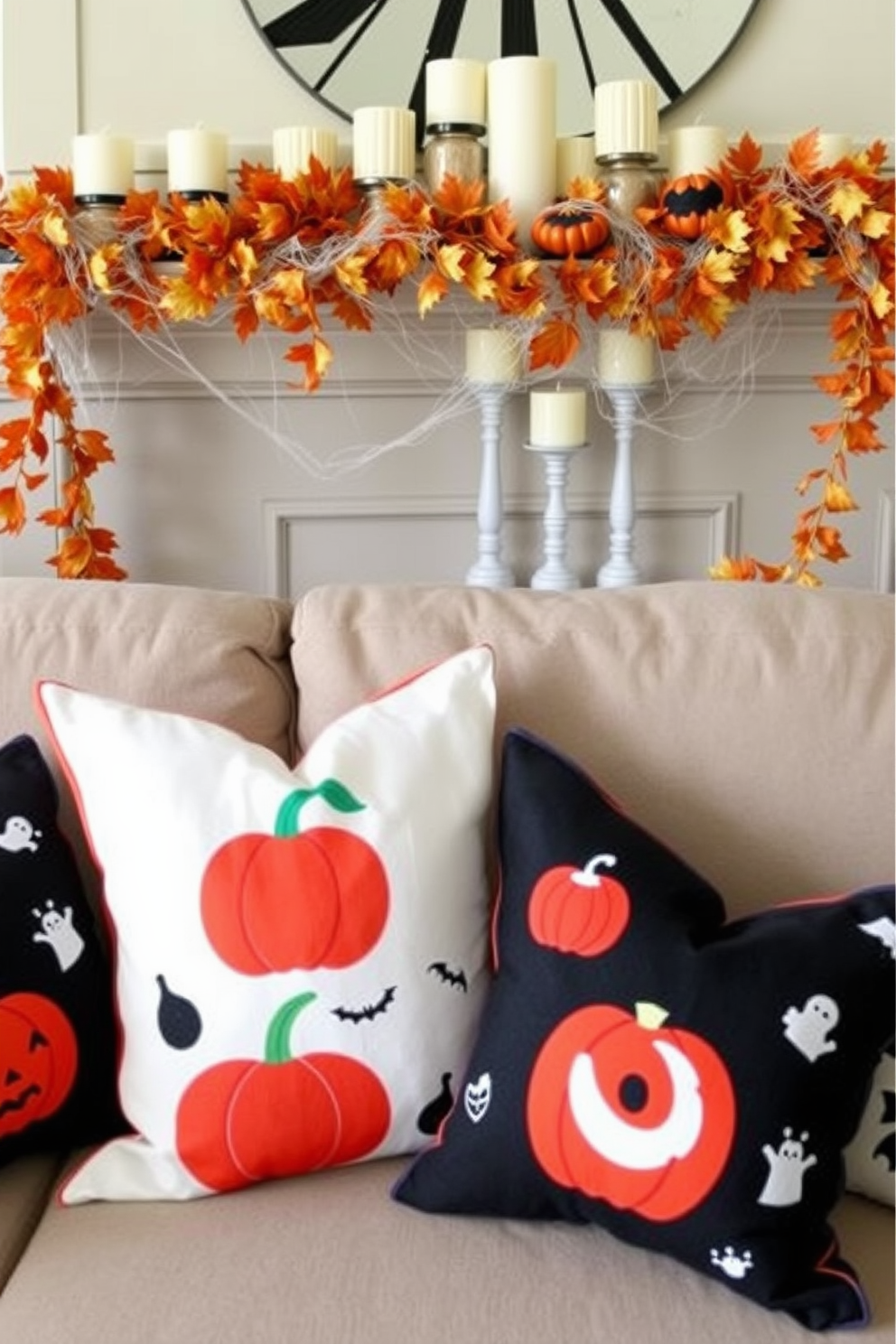 Seasonal throw pillows with Halloween prints in vibrant colors and spooky designs are arranged on a cozy sofa. The pillows feature motifs like pumpkins, ghosts, and bats, adding a festive touch to the living space. Halloween mantel decorating ideas include an assortment of candles in various heights, surrounded by faux cobwebs and small decorative pumpkins. A garland of autumn leaves drapes elegantly across the mantel, creating a warm and inviting atmosphere.