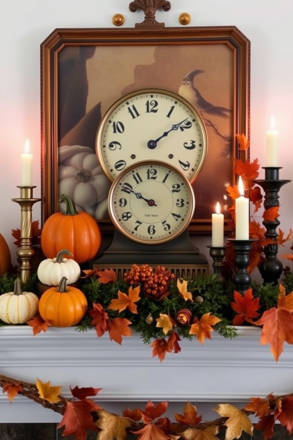 A vintage clock set to midnight sits prominently on a beautifully decorated mantel. The clock is surrounded by an array of seasonal decor, including carved pumpkins, flickering candles, and autumn leaves in warm hues.