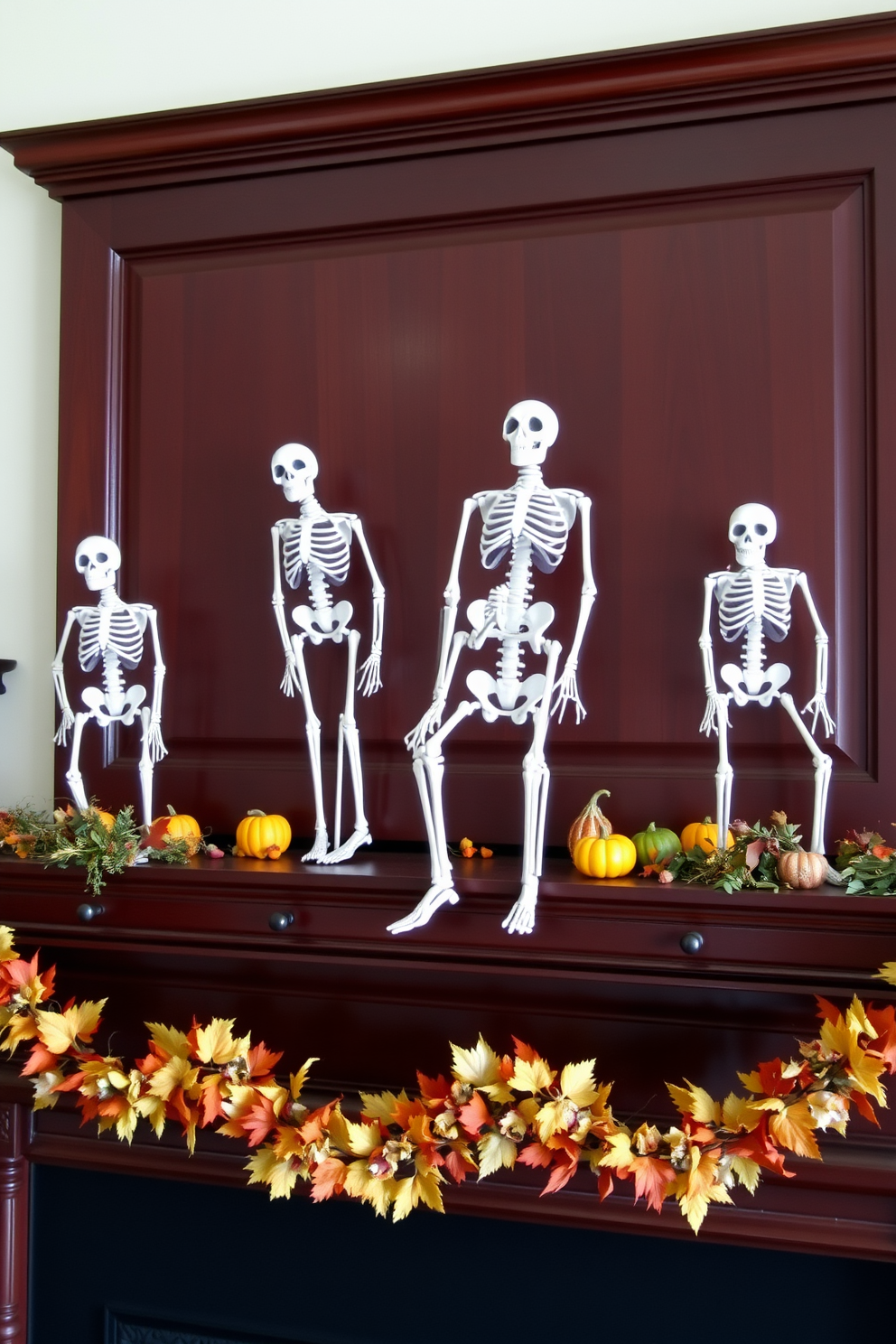 Decorative skeletons are arranged in whimsical poses atop a beautifully styled mantel. The backdrop features a rich, dark wood finish, complemented by autumnal garlands of leaves and miniature pumpkins.