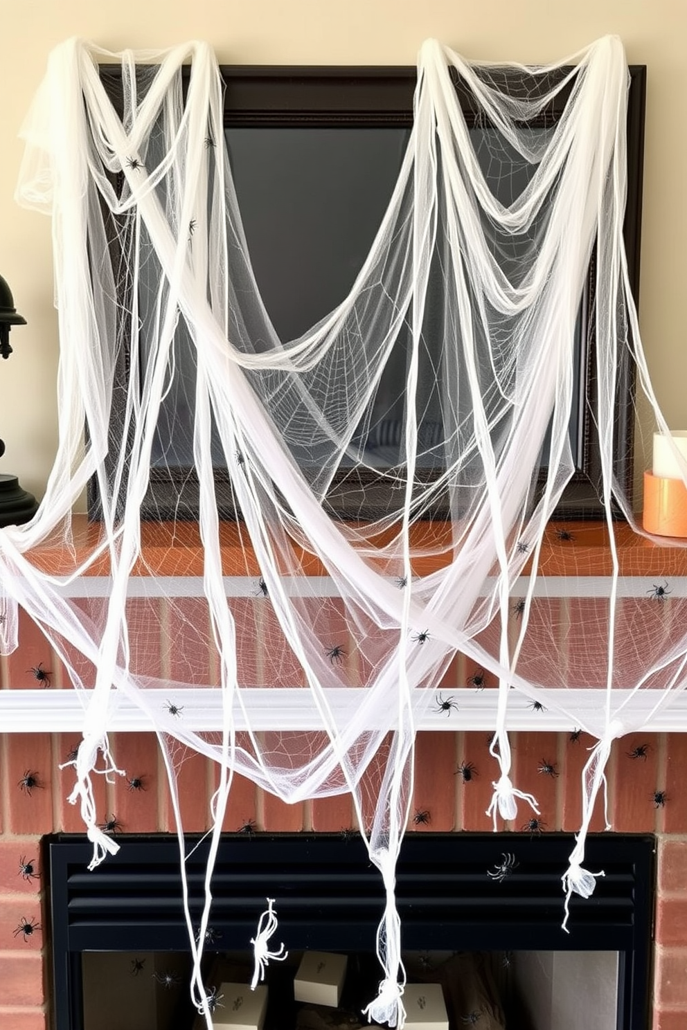 A cozy Halloween mantel adorned with faux cobwebs draping elegantly across the surface. Scattered throughout are plastic spiders of various sizes, creating a playful yet spooky atmosphere.