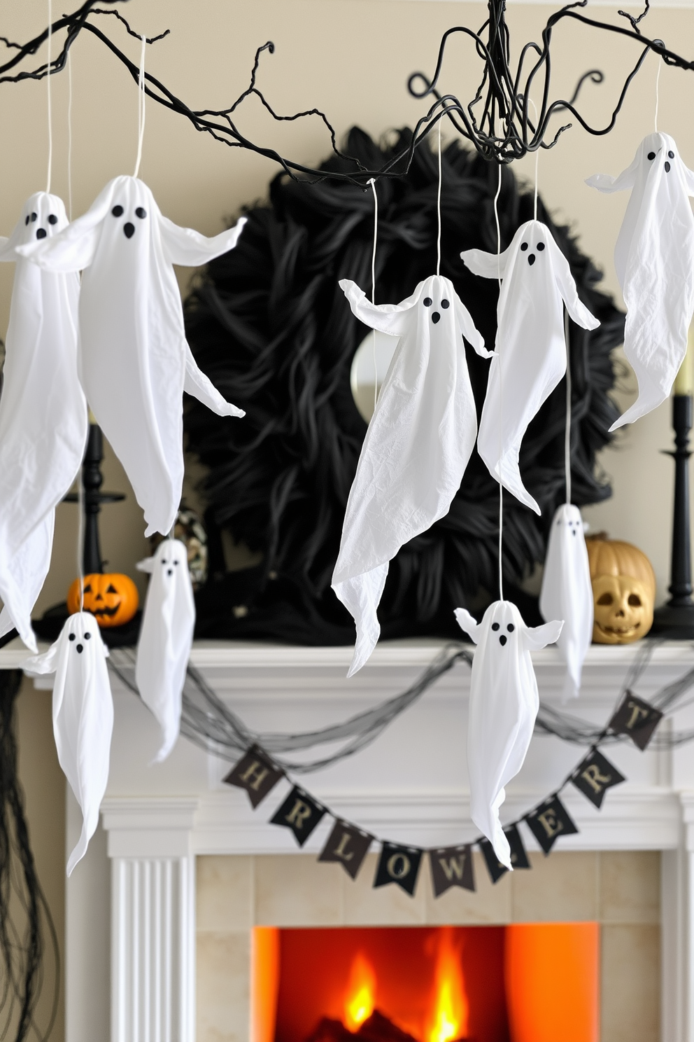 A cozy Halloween mantel adorned with hanging ghost decorations. The ghosts are made of white fabric, gently swaying in the breeze, creating an eerie yet playful atmosphere.