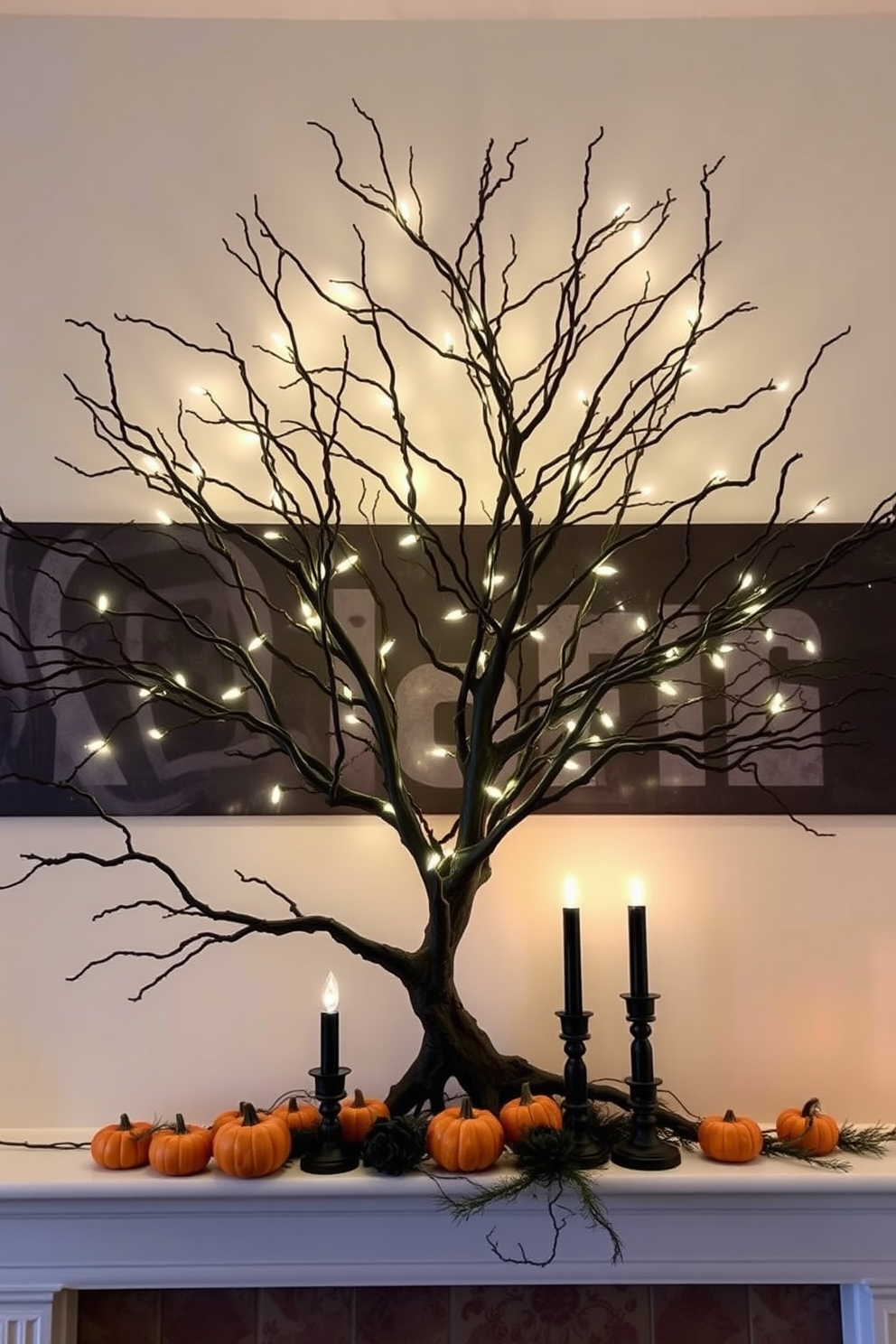 A spooky tree branch centerpiece sits dramatically on the mantel, adorned with twinkling fairy lights that cast eerie shadows. Surrounding the branches are miniature pumpkins and black candles, creating a haunting yet inviting atmosphere for Halloween.