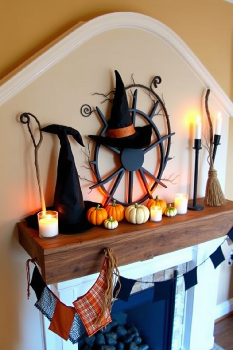 A cozy Halloween mantel decorated with witch hats and broomsticks. The mantel features a rustic wooden shelf adorned with small pumpkins and flickering candles, creating a warm and inviting atmosphere.