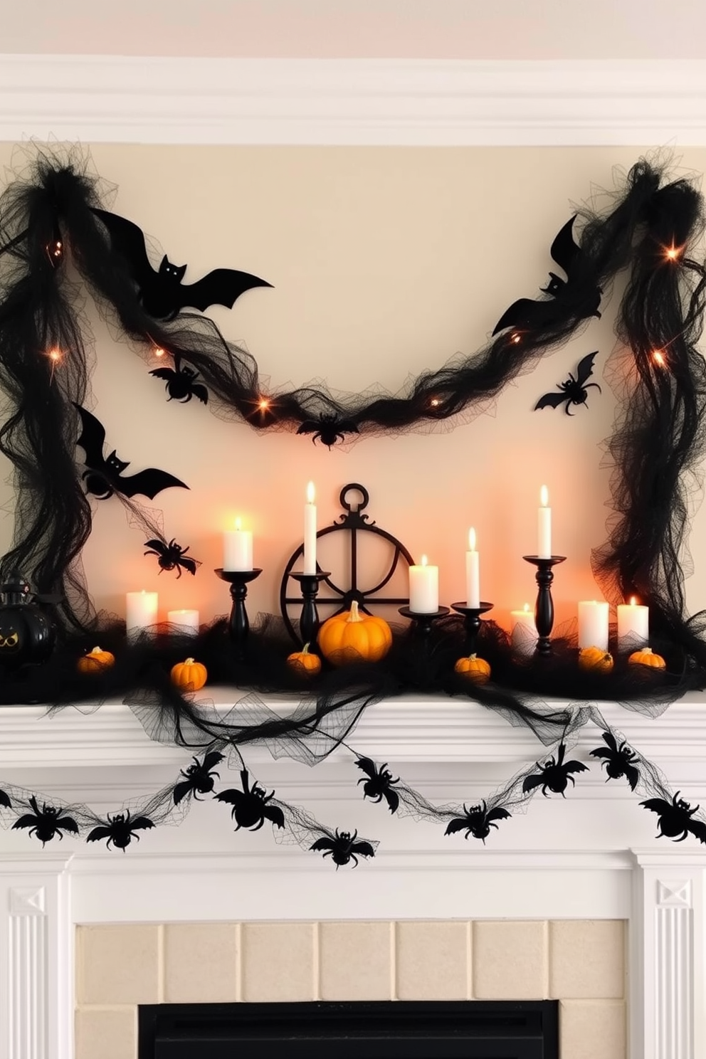 A whimsical Halloween mantel adorned with ghoulish garlands featuring bats and spiders. The mantel is decorated with an array of spooky candles and small pumpkins, creating an eerie yet festive atmosphere.