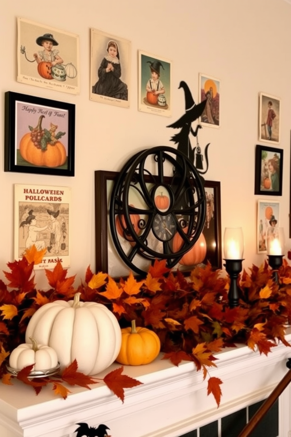 A charming mantel adorned with vintage Halloween postcards creates a festive atmosphere. The postcards feature classic Halloween imagery, such as pumpkins, ghosts, and witches, arranged in a cohesive display. Layered with seasonal accents, the mantel includes small decorative pumpkins and flickering candle holders. A rustic garland made of autumn leaves adds warmth and complements the vintage postcards beautifully.