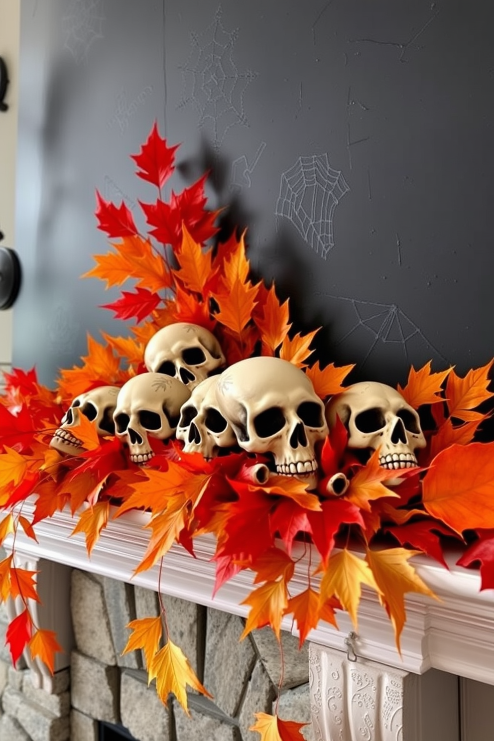 A spooky Halloween mantel decorated with creepy skulls nestled among vibrant autumn leaves. The arrangement features various sizes of skulls in contrasting colors, surrounded by a mix of orange, red, and yellow leaves that evoke the essence of fall.