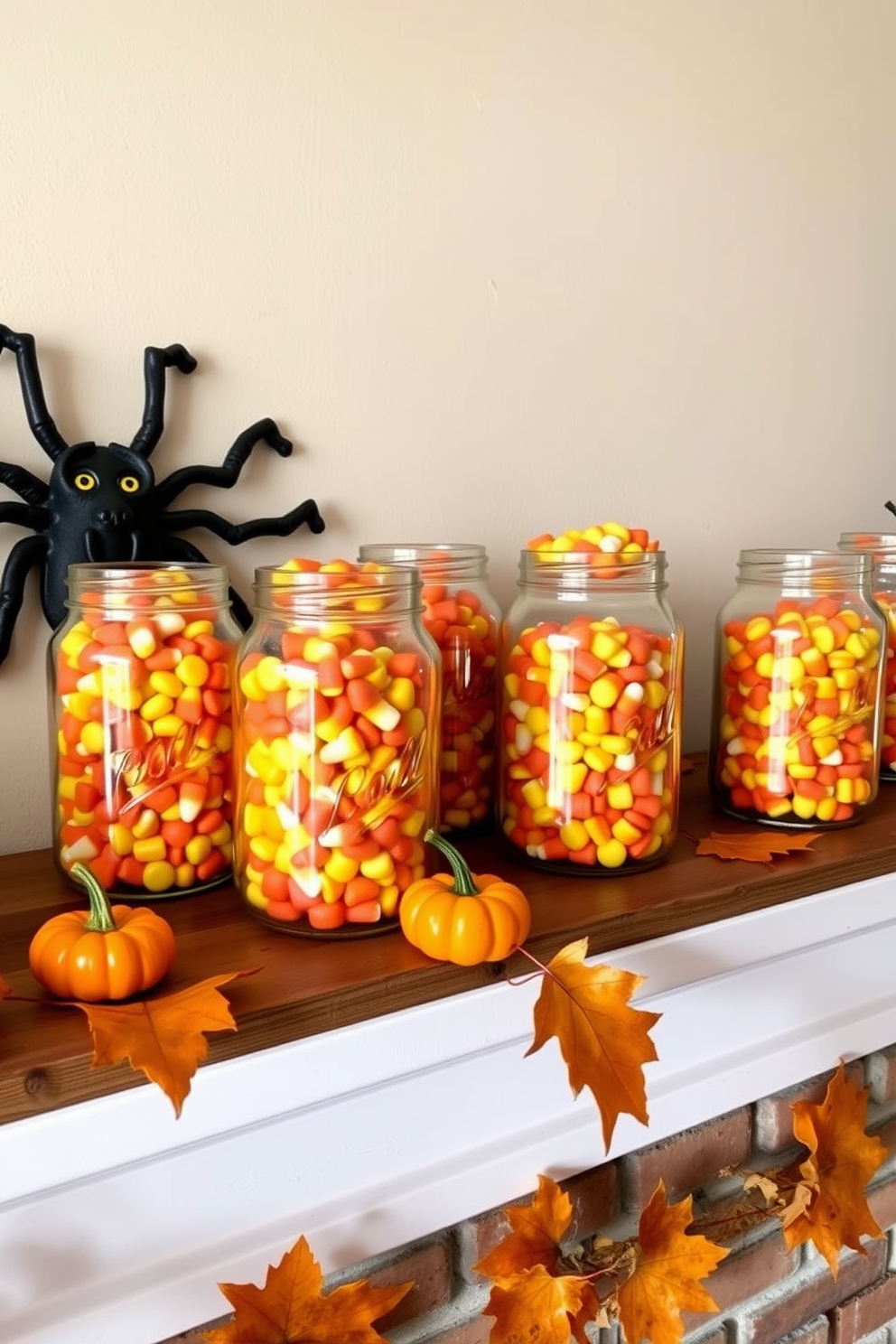 A charming Halloween mantel adorned with glass jars filled with colorful candy corn. The jars are arranged on a rustic wooden shelf, complemented by miniature pumpkins and autumn leaves scattered around.