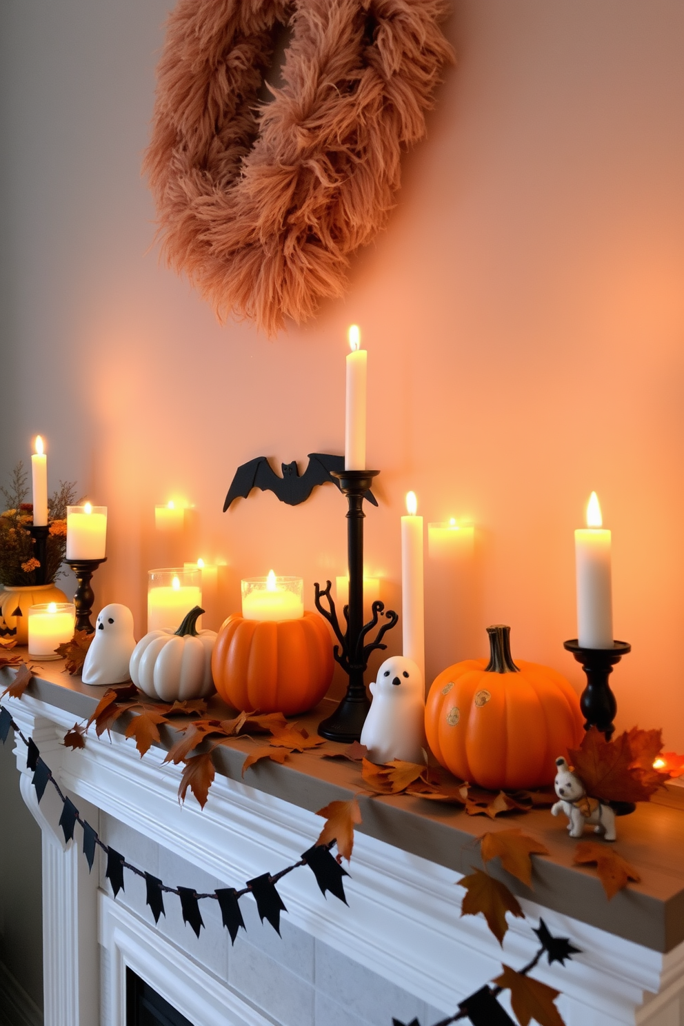 A cozy Halloween mantel adorned with flickering LED candles creates a warm and inviting atmosphere. The mantel is decorated with an assortment of pumpkins, ghost figurines, and autumn leaves, all enhancing the festive spirit.