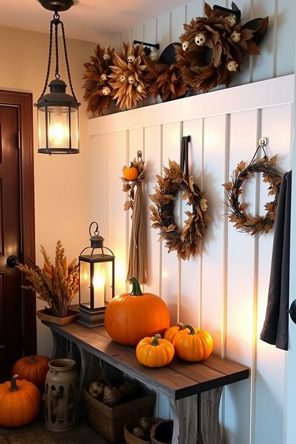 A cozy mudroom decorated for Halloween features vintage lanterns casting a warm, inviting glow. The walls are adorned with autumn-themed decor, including wreaths made of dried leaves and pumpkins arranged on a rustic bench.