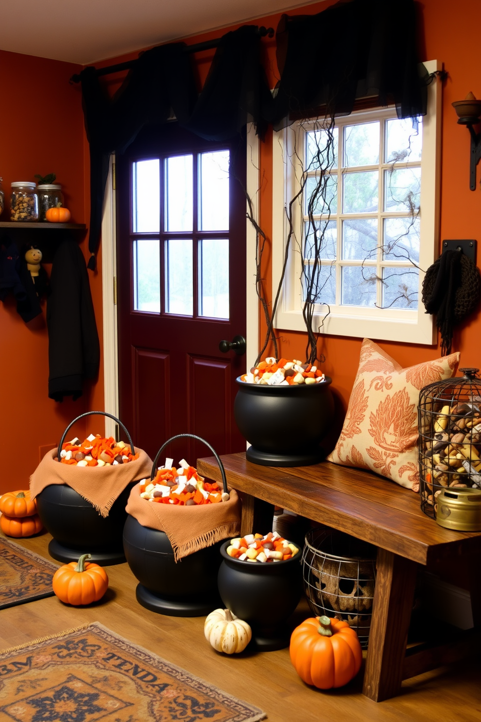 A cozy mudroom adorned for Halloween features decorative cauldrons filled with an assortment of treats. The walls are painted in a warm orange hue, and a rustic bench sits against one side, decorated with seasonal throw pillows.