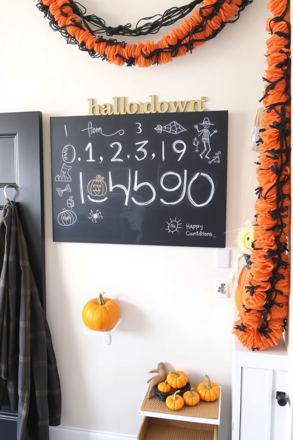 A chalkboard is creatively designed to display a Halloween countdown. It features playful, hand-drawn illustrations of pumpkins, ghosts, and spiders surrounding the numbers. The mudroom is decorated with festive Halloween elements such as orange and black garlands. Scarecrow figurines and a collection of mini pumpkins are arranged on the shelves for a welcoming touch.