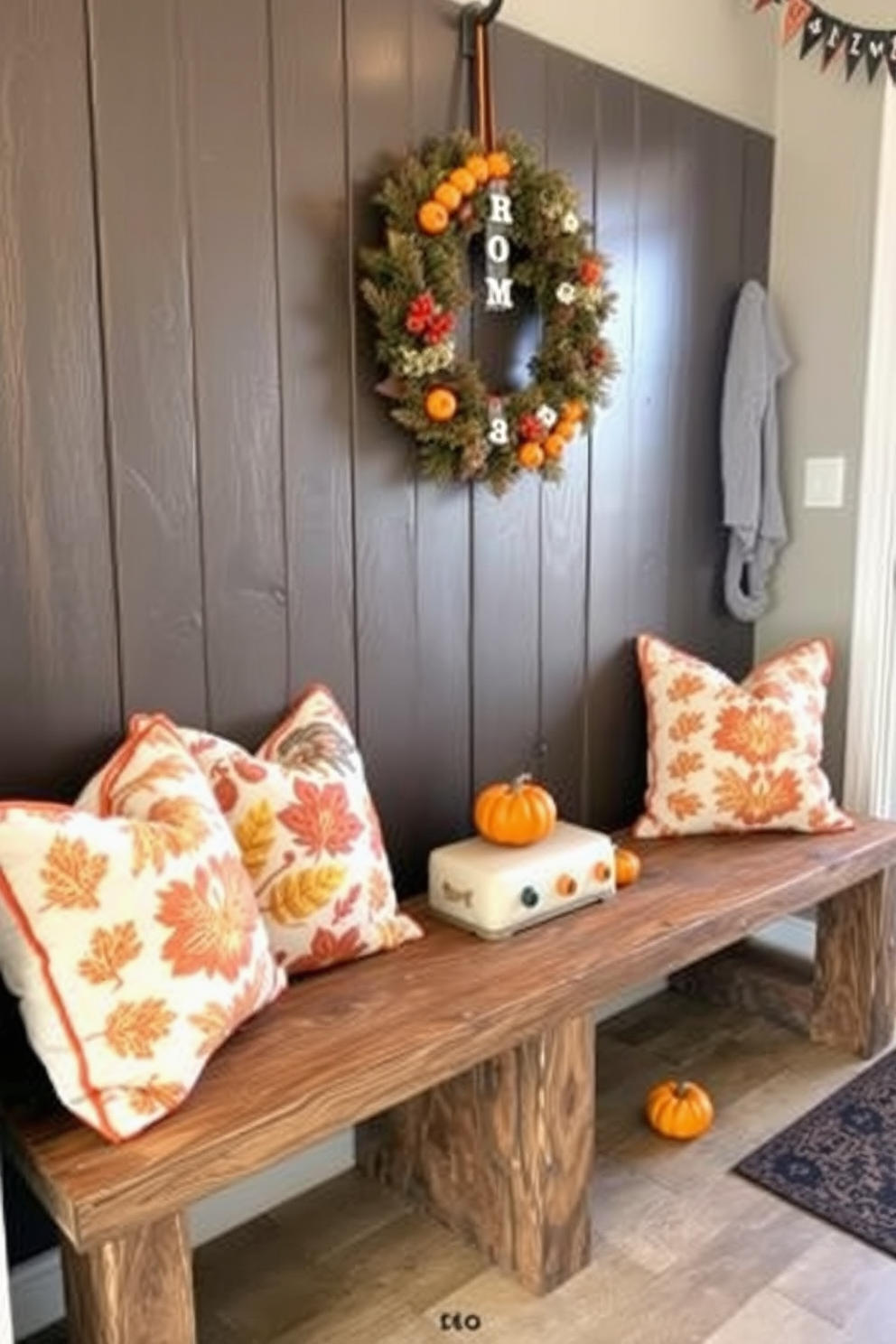 Seasonal throw pillows are arranged on rustic wooden benches, adding a cozy touch to the mudroom. The pillows feature autumn-themed patterns in warm colors, creating a welcoming atmosphere for guests. For Halloween, the mudroom is adorned with playful decorations, including small pumpkins and spooky-themed accents. A festive wreath hangs on the door, inviting visitors to embrace the seasonal spirit.