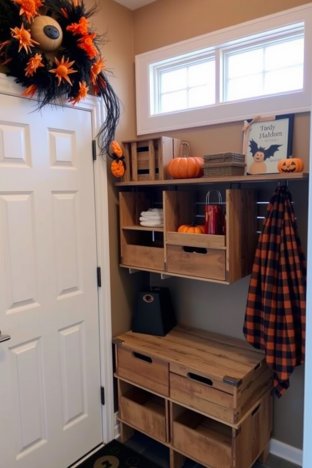 A cozy mudroom features rustic wooden crates stacked for storage, adding a warm and inviting touch. The space is adorned with Halloween decorations, including orange and black accents, creating a festive atmosphere.