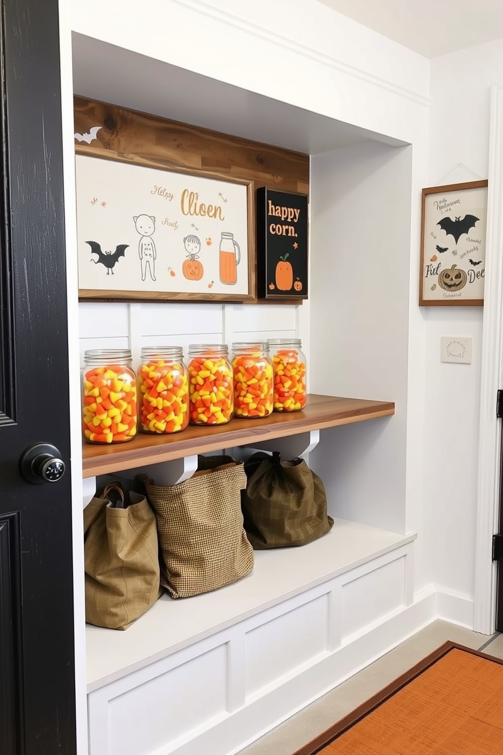 A cozy mudroom decorated for Halloween features mason jars filled with vibrant candy corn arranged on a rustic wooden shelf. The walls are adorned with playful Halloween-themed artwork, and a warm, inviting rug lies on the floor, enhancing the festive atmosphere.