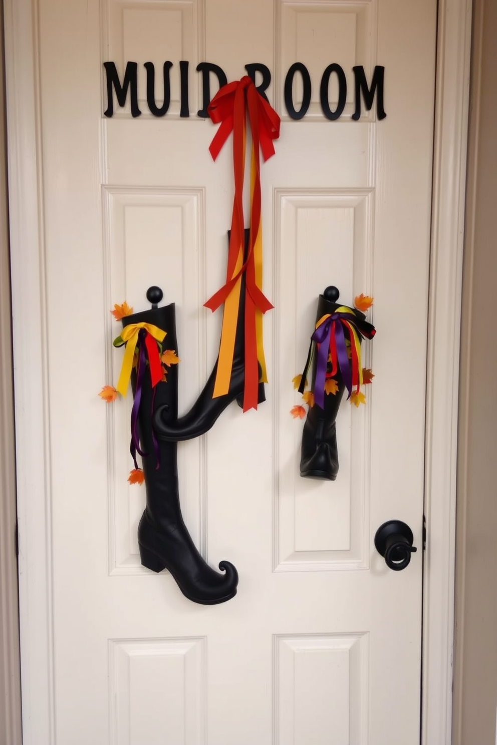 A whimsical mudroom features a pair of witch's boots displayed as unique door decor. The boots are adorned with colorful ribbons and surrounded by autumn leaves, creating a festive Halloween atmosphere.