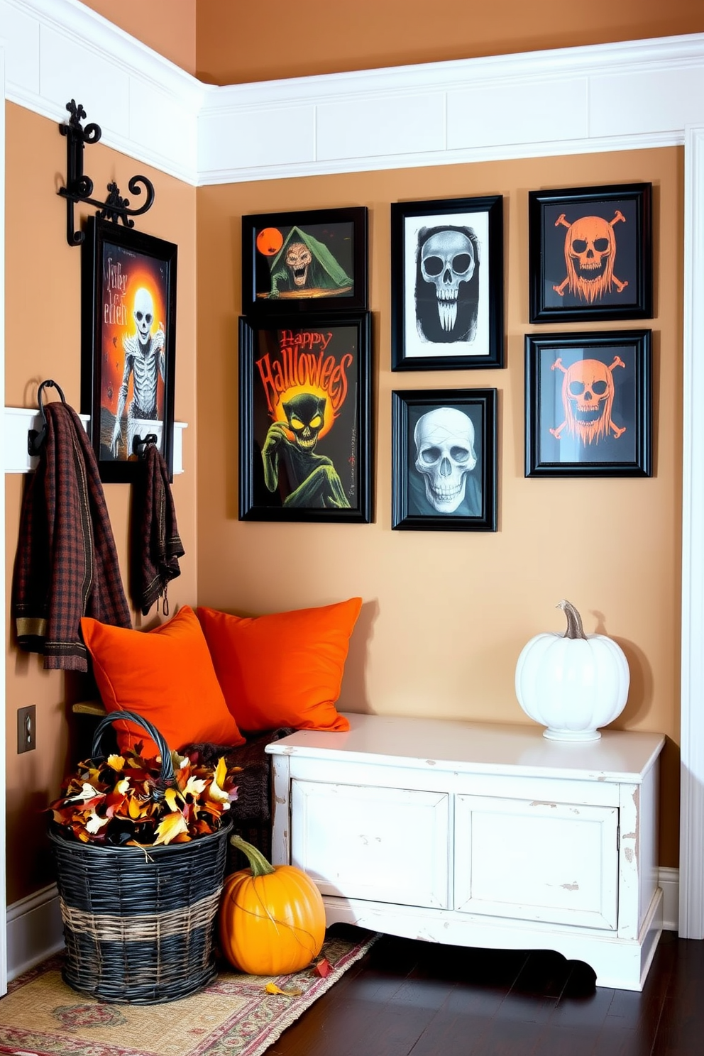 A cozy mudroom is adorned with framed spooky artwork that sets a festive Halloween atmosphere. The walls are painted in a warm neutral tone, providing a perfect backdrop for the vibrant, eerie pieces. A vintage bench with orange and black cushions invites guests to sit and remove their shoes. Decorative pumpkins and a rustic basket filled with autumn leaves add a charming touch to the space.