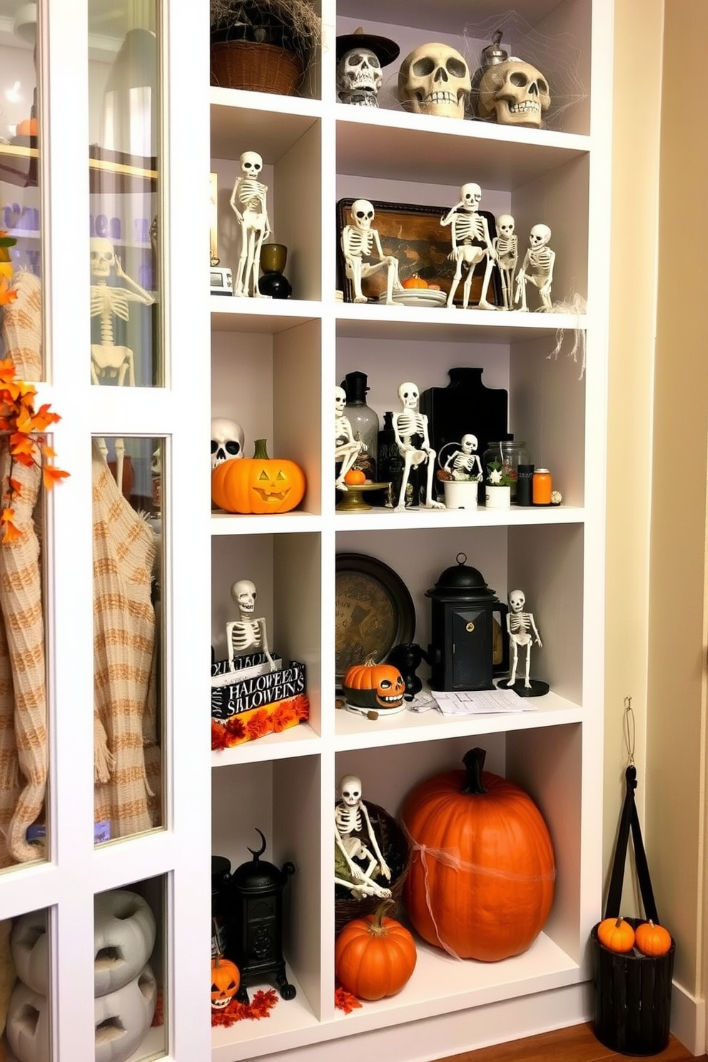 A cozy mudroom decorated for Halloween features skeleton decorations artfully arranged on the shelves. The shelves are filled with an assortment of spooky decor, including miniature skeletons, cobwebs, and autumn-themed accents.