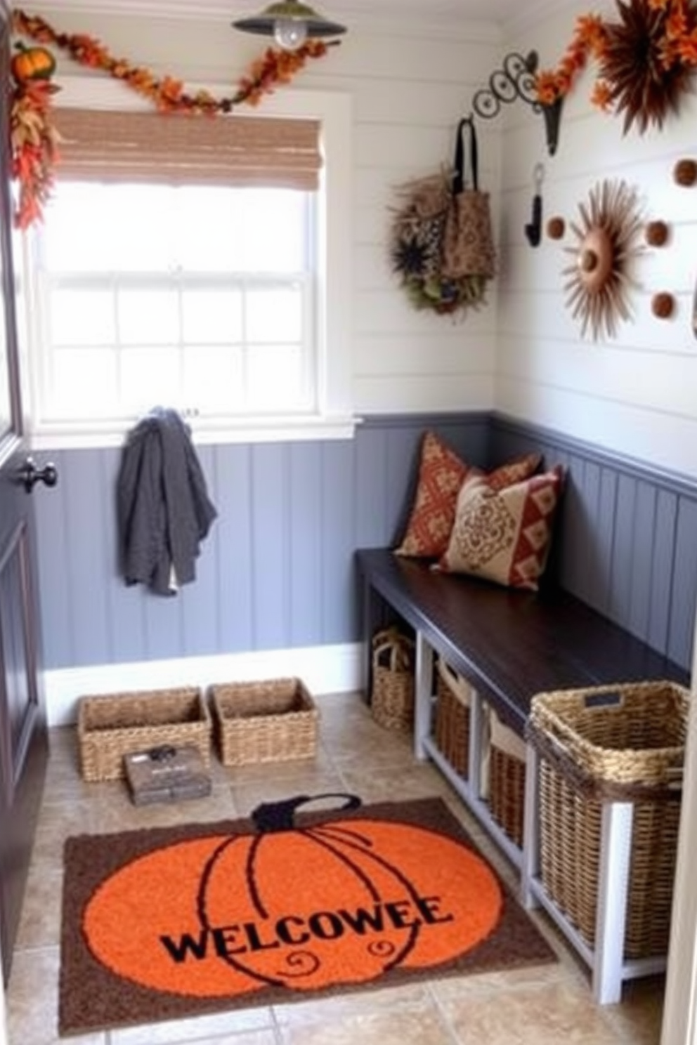 A cozy mudroom featuring a pumpkin-themed welcome mat that sets a festive tone for Halloween. The walls are adorned with autumn-themed decorations, and a small bench is positioned against one side, surrounded by baskets for storage.